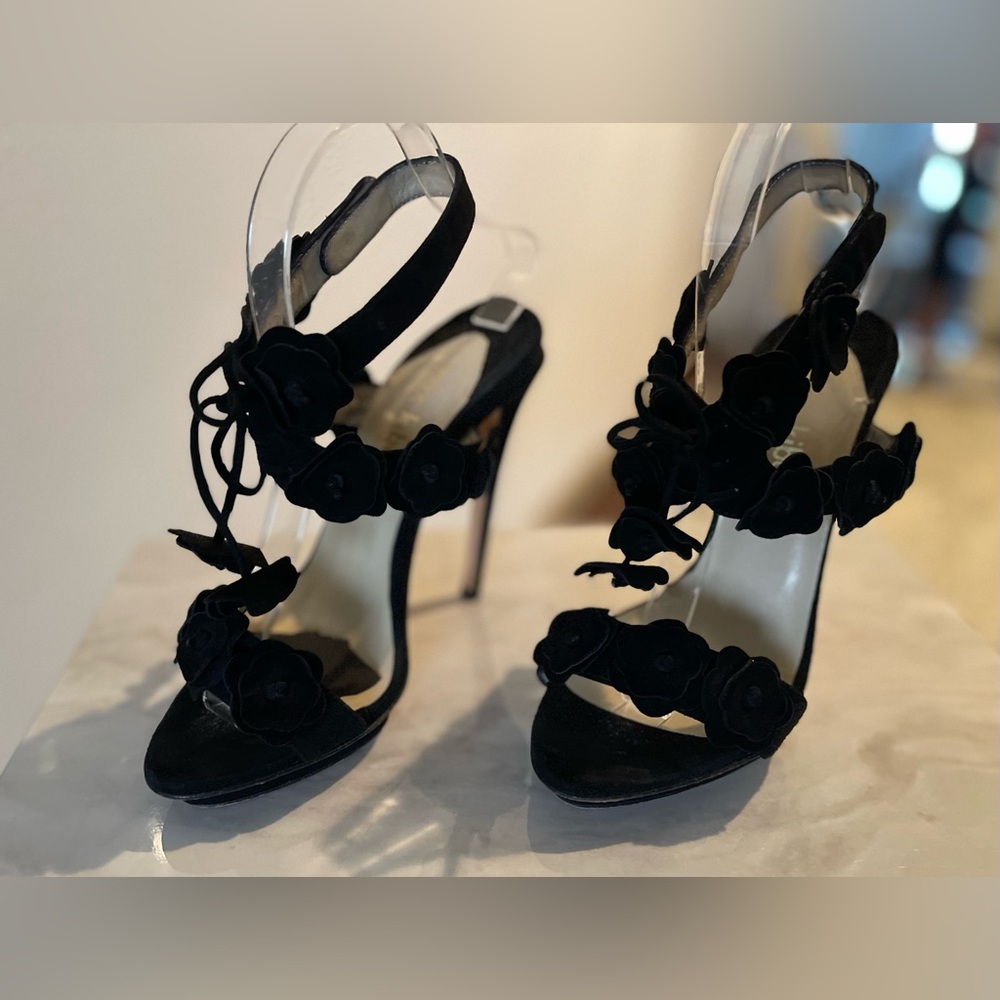 Black Mac Kibarian Floral Suede High Heel Sandals worn once